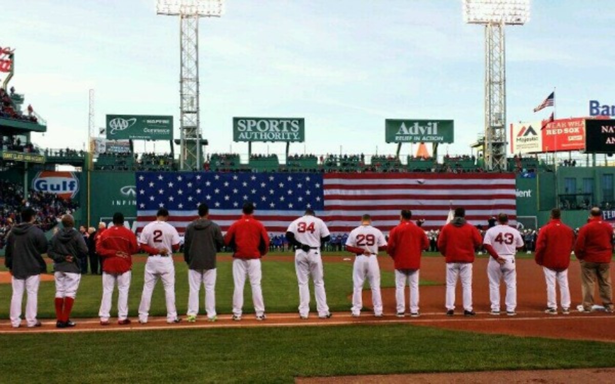 The Red Sox honored the Boston Marathon bombing victims on the eve of this year's marathon. (Photo credit: @RedSox on Twitter)